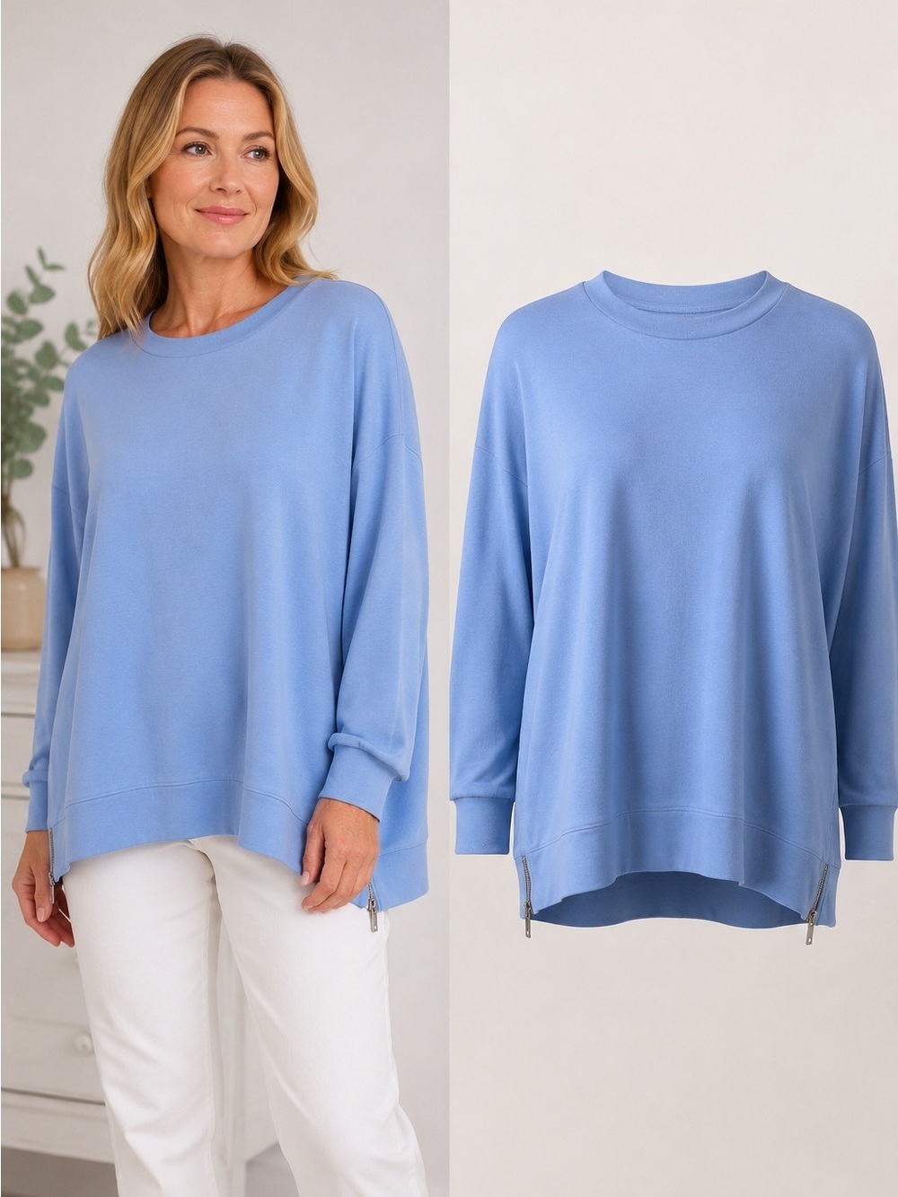 Magaschoni Blue Modal Blend Zip Hem Pullover Top | Women's 2X